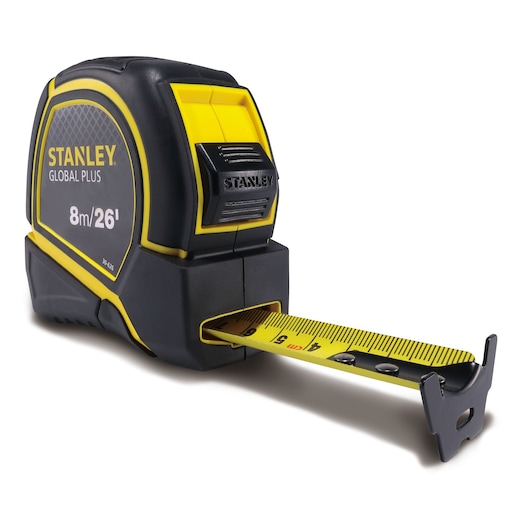 STANLEY 30-626 tape measure, 8m/26ft, black and yellow, angled view with tape extended.