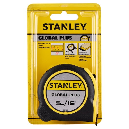 STANLEY 30-716P tape measure, 5 meters by 16 feet, GLOBAL PLUS, black and yellow case, front angle on white background.