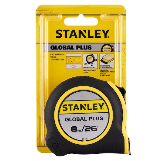Photo of STANLEY 30-726 tape measure, GLOBAL PLUS model, 8m/26ft, black and yellow, in retail packaging, front angle.