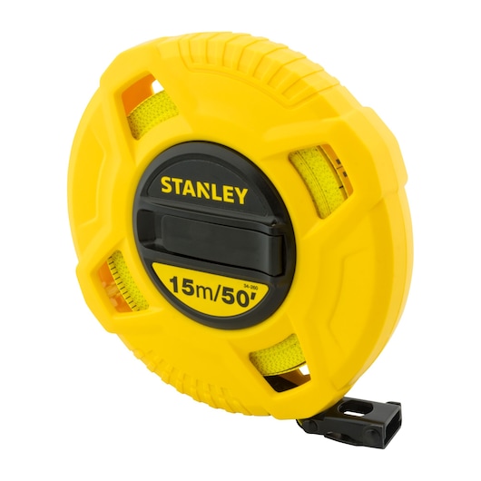 STANLEY 34-260 open reel tape measure, 15m/50ft, yellow casing, front angle product photography.