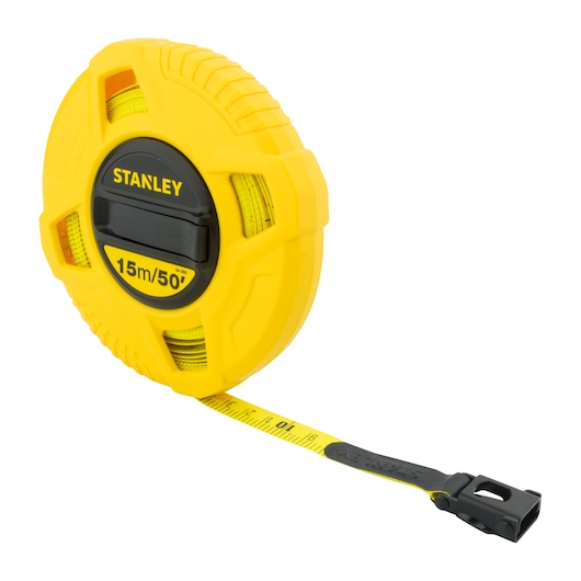STANLEY 34-260 open reel yellow measuring tape, 15m/50ft, front angle on white background.