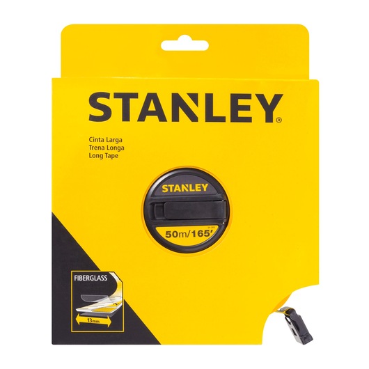 Photo of STANLEY 34-263 long tape measure, 50m/165ft, fiberglass, yellow and black packaging, front angle.