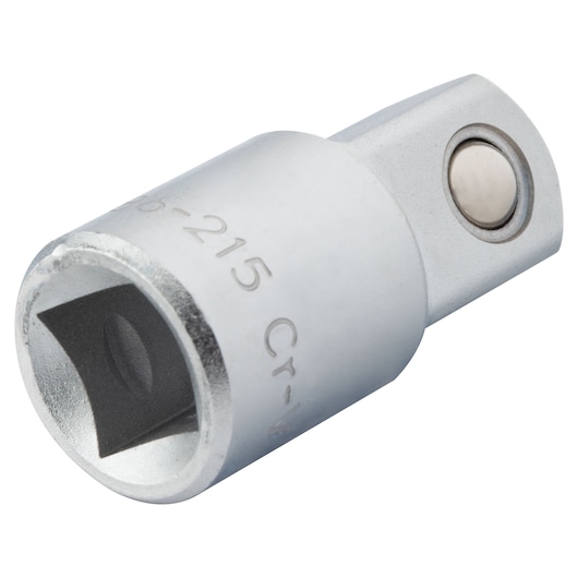 STANLEY 4-86-215 chrome socket adapter, close-up angle, showing square drive opening and release ball.