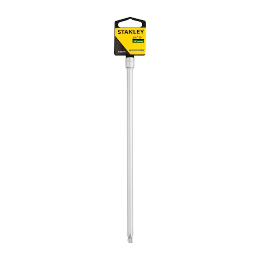 STANLEY 4-86-372 long silver hex bit, 1/4 inch, front view on white background, hand tool accessory.
