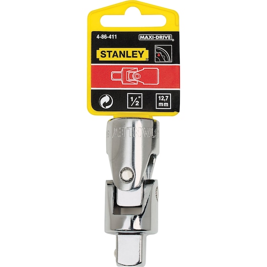Photo of STANLEY 4-86-411 chrome universal joint, 1/2 inch drive, for socket wrenches, front view on white.