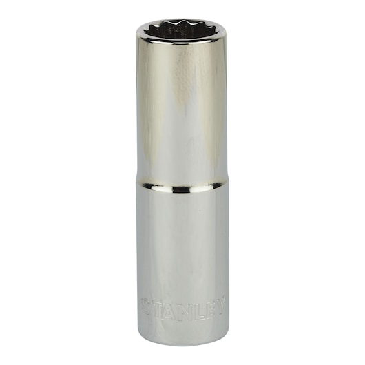 STANLEY 4-86-424 chrome deep socket tool, vertical front angle, photography on white background.