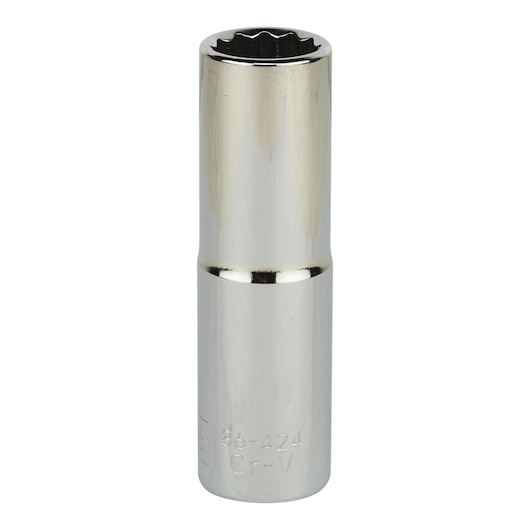 STANLEY 4-86-424 chrome deep socket, cylindrical shape, twelve-point interior, product front view on white background.