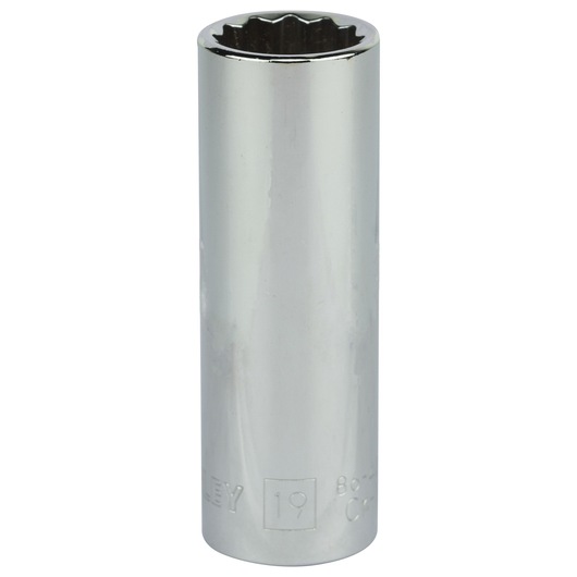 STANLEY 4-86-427 chrome finish deep socket, 12-point, shown upright on white background, photography.