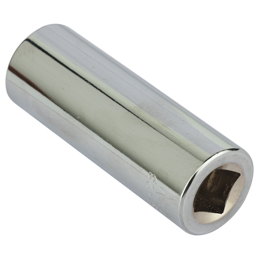 Stanley 4-86-428 chrome deep socket on white background, angled view of tool.