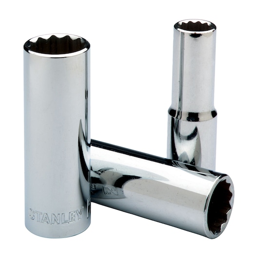 STANLEY 4-86-481 chrome socket set, three pieces, cylindrical, with knurled interiors, white background, front angle.