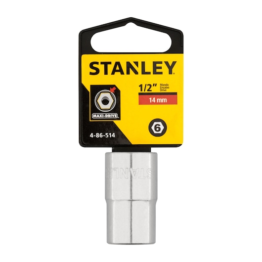STANLEY 4-86-514 14 mm socket, chrome finish, Maxi-Drive, half-inch drive, product front view on white background.