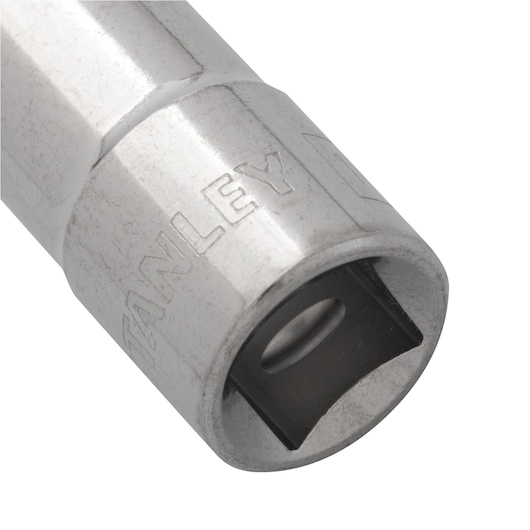 STANLEY 4-86-515 chrome socket tool close-up, silver finish, showing square drive opening, product photography.