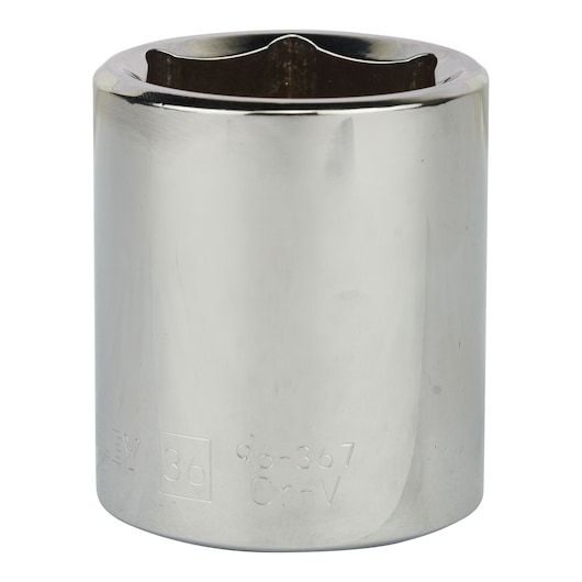 STANLEY 4-86-536 chrome socket, cylindrical design, close-up photo on white background, tool accessory.
