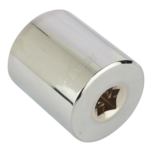 STANLEY 4-86-536 chrome socket, cylindrical tool with six-point opening, angled view on white background.