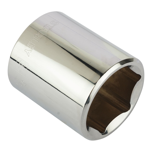 STANLEY 4-86-536 chrome socket, cylindrical with six-point opening, product photo on white background.