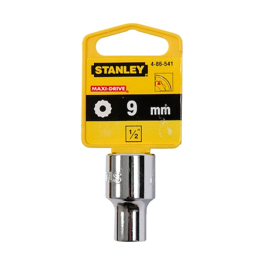STANLEY 4-86-541 9mm MAXI-DRIVE socket, chrome finish, front angle, on white background.