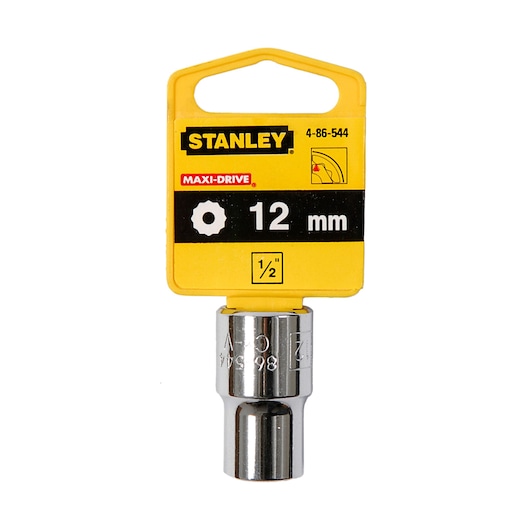 STANLEY 4-86-544 socket 12mm chrome finish front angle with yellow packaging.