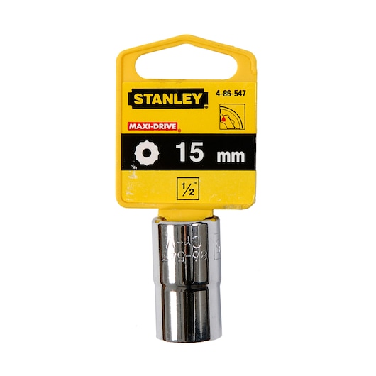 Photo of STANLEY 4-86-547 15mm socket, chrome finish, with yellow and black packaging, front angle.