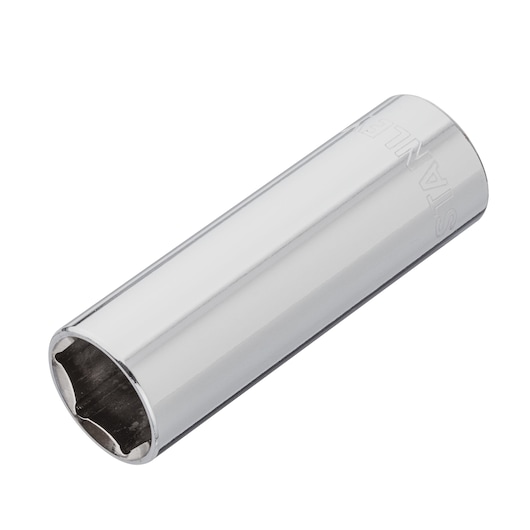 STANLEY 4-86-580 chrome deep socket, photography of cylindrical hand tool at angle on white background.