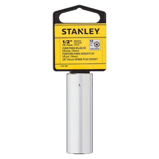STANLEY 4-86-580 chrome 5/8 inch spark plug socket, vertical front view on white background, automotive tool.