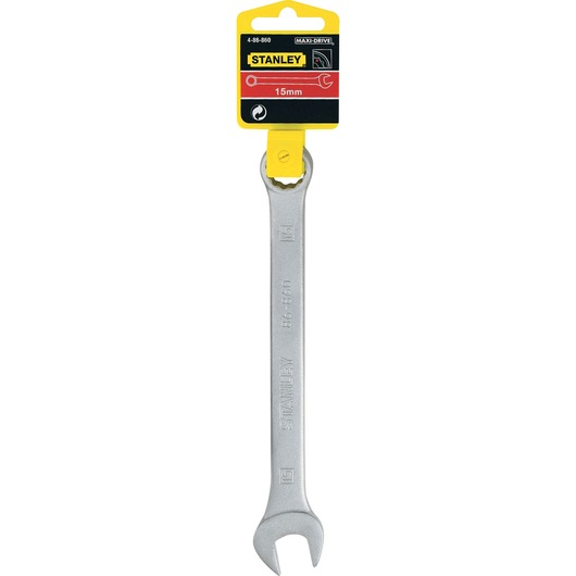 STANLEY 4-86-860 15mm combination wrench, silver, product photography, front view on white background.