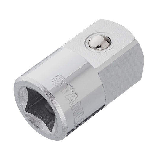 Stanley 4-88-558 chrome socket adapter, close-up angled view on white background.
