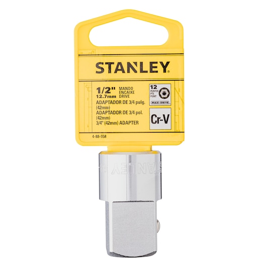 STANLEY 4-88-558 adapter, chrome finish, 1/2 inch drive to 3/4 inch (42mm) adapter, product shown on white background.