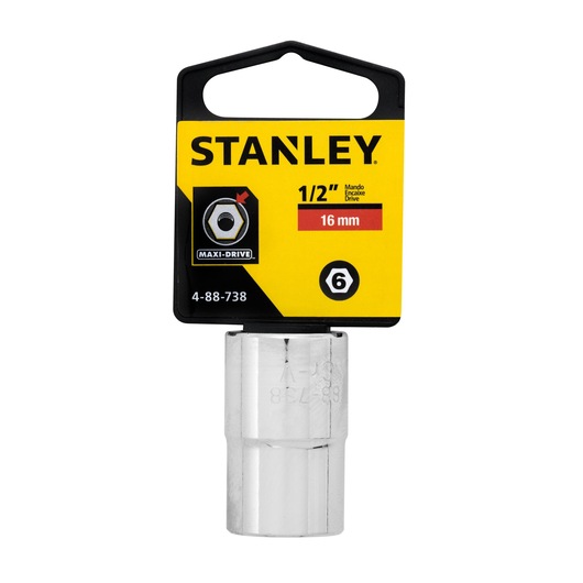 STANLEY 4-88-738 16 mm chrome socket, photography showing front view with yellow and black packaging.