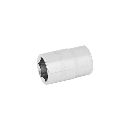 STANLEY 4-88-739 chrome shallow socket, photography of hand tool on white background, angled view.