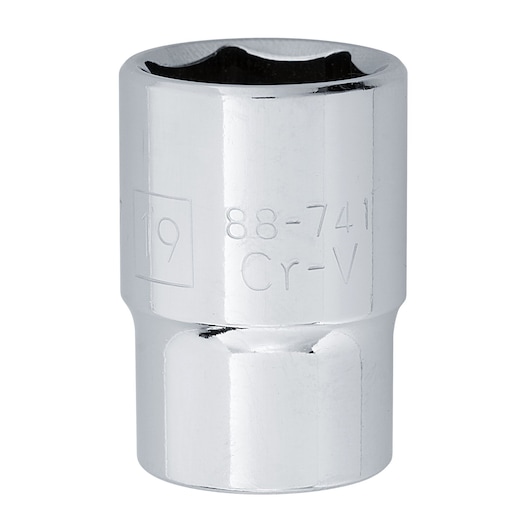 STANLEY 4-88-741 chrome socket, photography of product at front angle, tool accessory for ratchets.