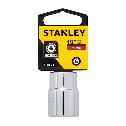 STANLEY 4-88-741 1/2 inch drive 19 mm chrome socket, product front on white background.