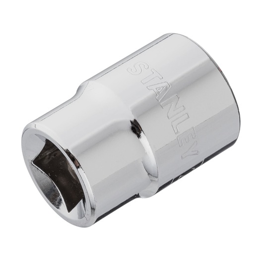 STANLEY 4-88-742 chrome socket, close-up angled photo on white background, tool accessory for ratchet wrenches.