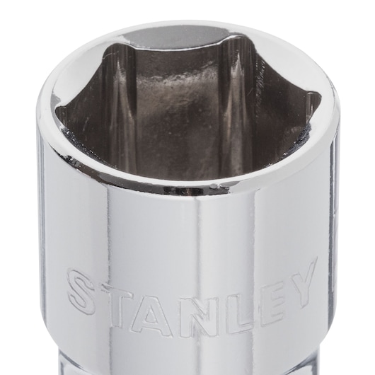 Close-up image of a shiny metal socket tool with the brand name STANLEY engraved on the side.