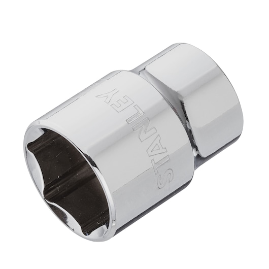 STANLEY 4-88-743 chrome socket, hexagonal profile, tool accessory, angled view on white background.