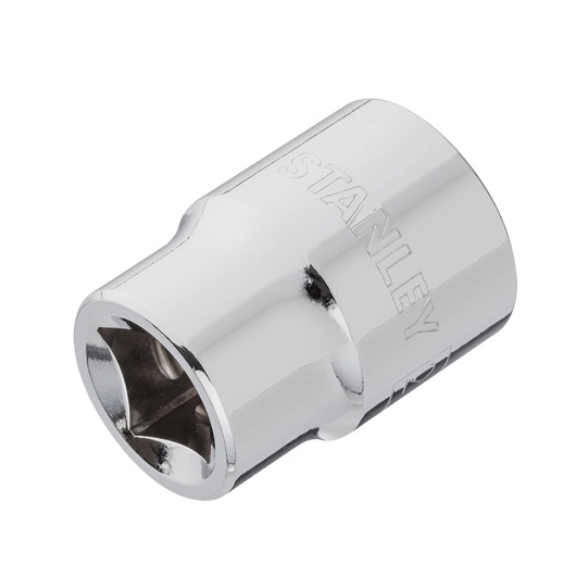 STANLEY 4-88-743 chrome socket tool, photography of single hex socket at angle on white background.