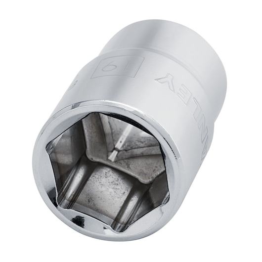 STANLEY 4-88-745 chrome socket, hexagonal 19mm, tool accessory, close-up angle on white background.