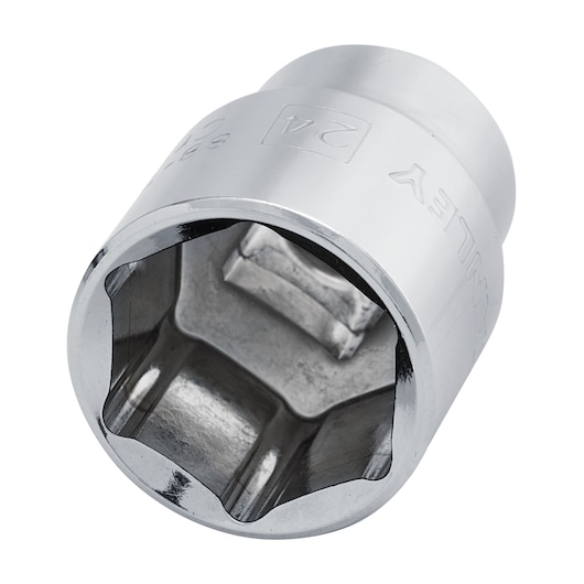 STANLEY 4-88-746 chrome socket, 24mm, close-up showing hex interior on white background.