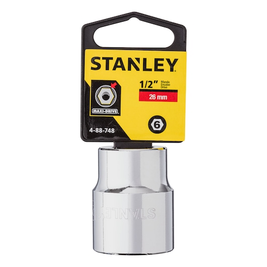 Photo of STANLEY 4-88-748 26 mm chrome socket, front angle, with yellow and black branded packaging.
