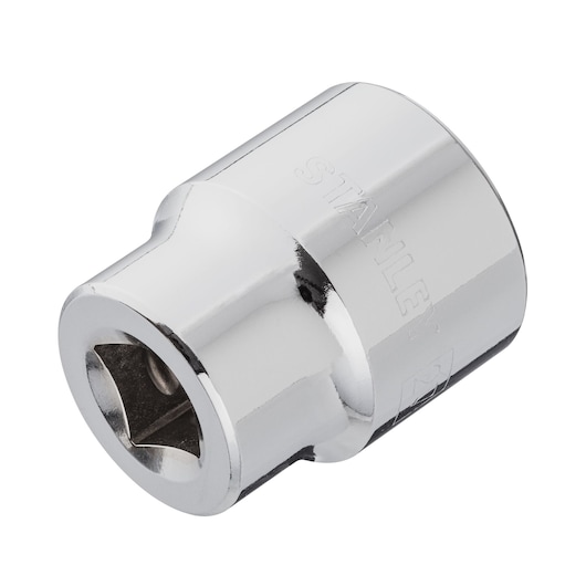 STANLEY 4-88-749 chrome socket, side angle, showing hex opening and engraved branding, tool accessory.