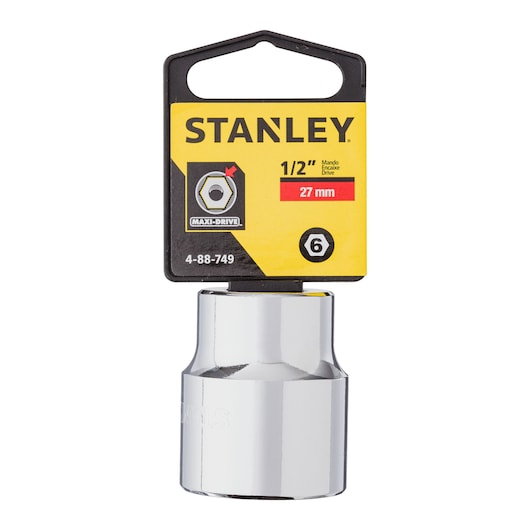 STANLEY 4-88-749 chrome 27mm socket, front angle with yellow label, photography product category.