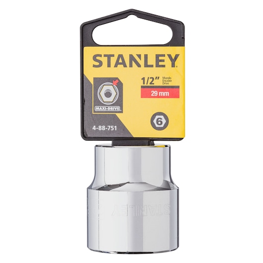 Stanley 4-88-751 1/2 inch drive 29mm socket, chrome finish, product photo on white background.