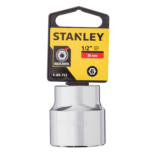 STANLEY 4-88-752 30mm chrome socket, 1/2 inch drive, front angle with packaging tag, hand tool accessory.