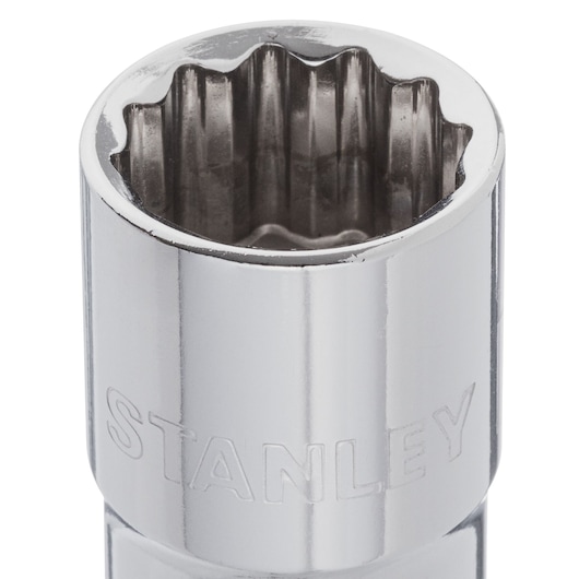 STANLEY 4-88-790 chrome socket close-up, photography of 12-point design with engraved brand name, white background.