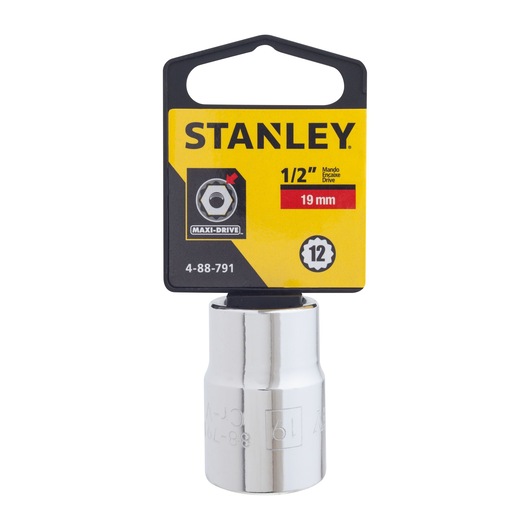 STANLEY 4-88-791 19mm chrome socket, front angle, with yellow product tag.