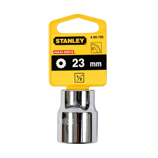 STANLEY 4-88-795 chrome 23mm socket, Maxi-Drive, 1/2 inch drive, front view on white background.