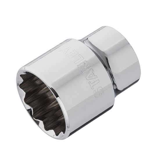 STANLEY 4-88-796 chrome socket, twelve-point, side angle, tool accessory on white background.