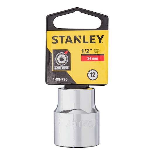 STANLEY 4-88-796 chrome 24 mm socket, 1/2 inch drive, shown front on white background.
