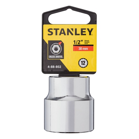 A 30 mm Stanley Maxi-Drive 1/2 inch drive socket with a chrome finish, shown with its yellow and black packaging labeled with product details.