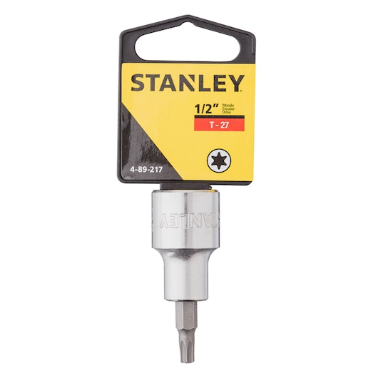 STANLEY 4-89-217 T-27 1/2 inch drive Torx bit socket, silver metal, front angle on white background.