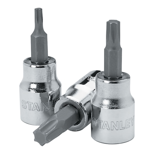 STANLEY 4-89-230 socket bit set, silver chrome finish, showing three hex bits upright on white background.